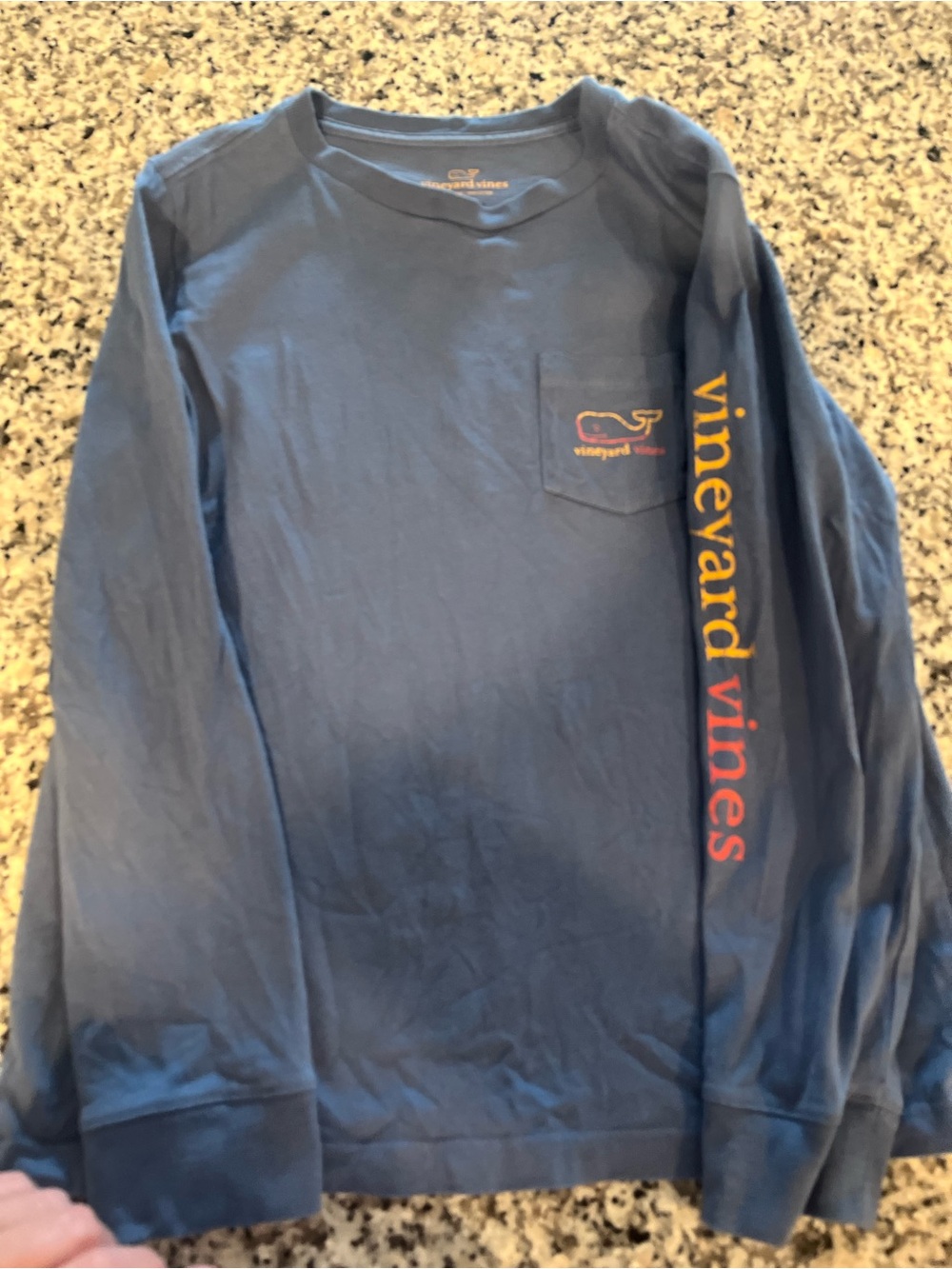 Boys Vineyard Vines Navy Long-Sleeve Pocket Tee with Yellow and Red Logo